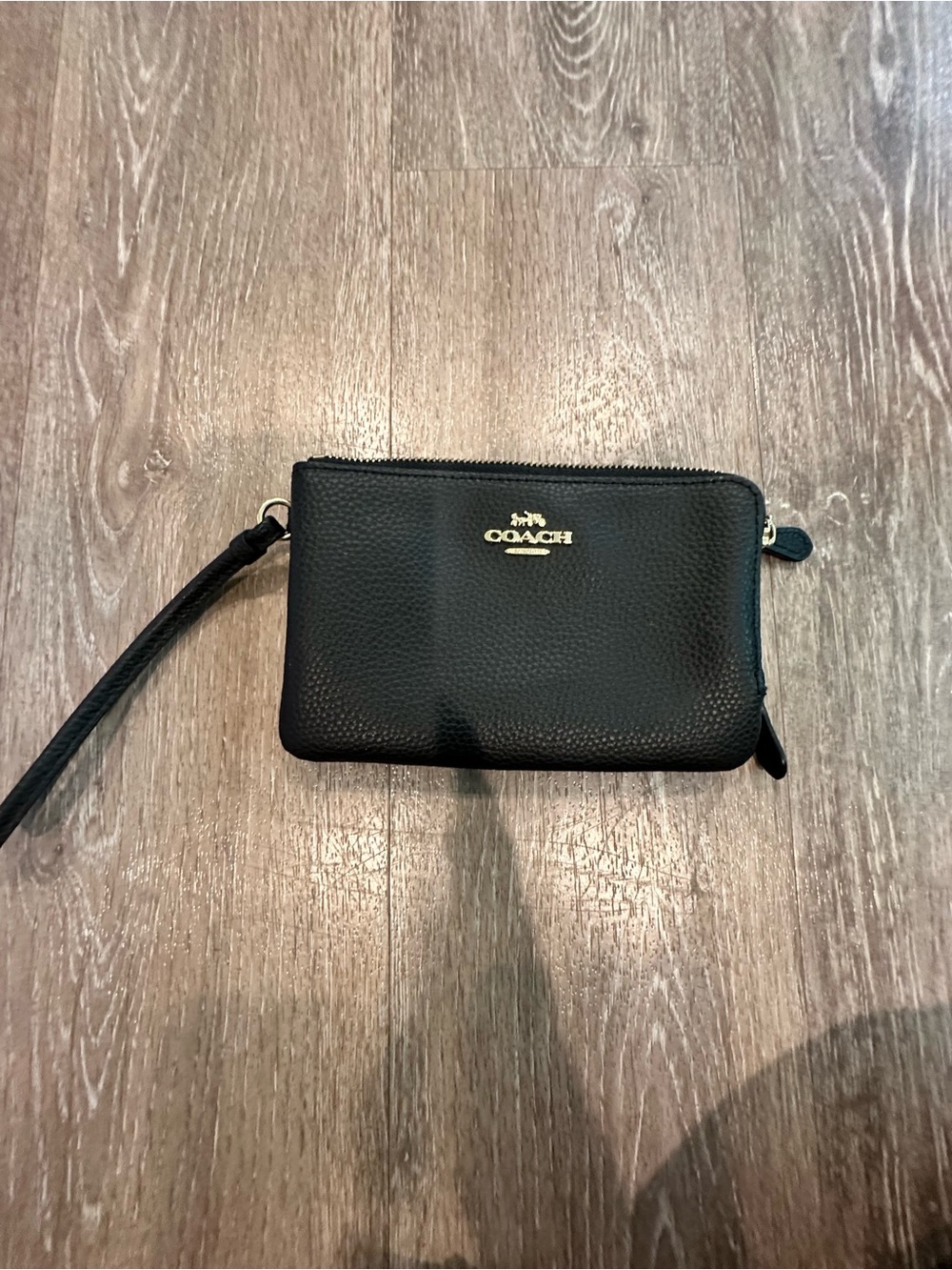 Coach Black Pebbled Leather Wristlet with Gold Logo